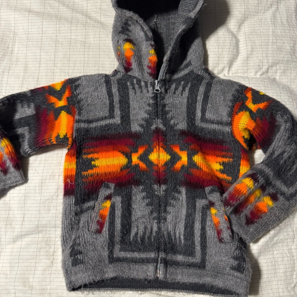 Enthnic Toddler Hooded Gray and Orange Patterned Sweater